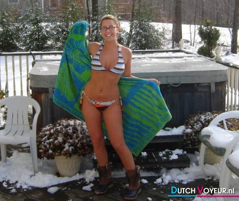 With bikini in the backyard